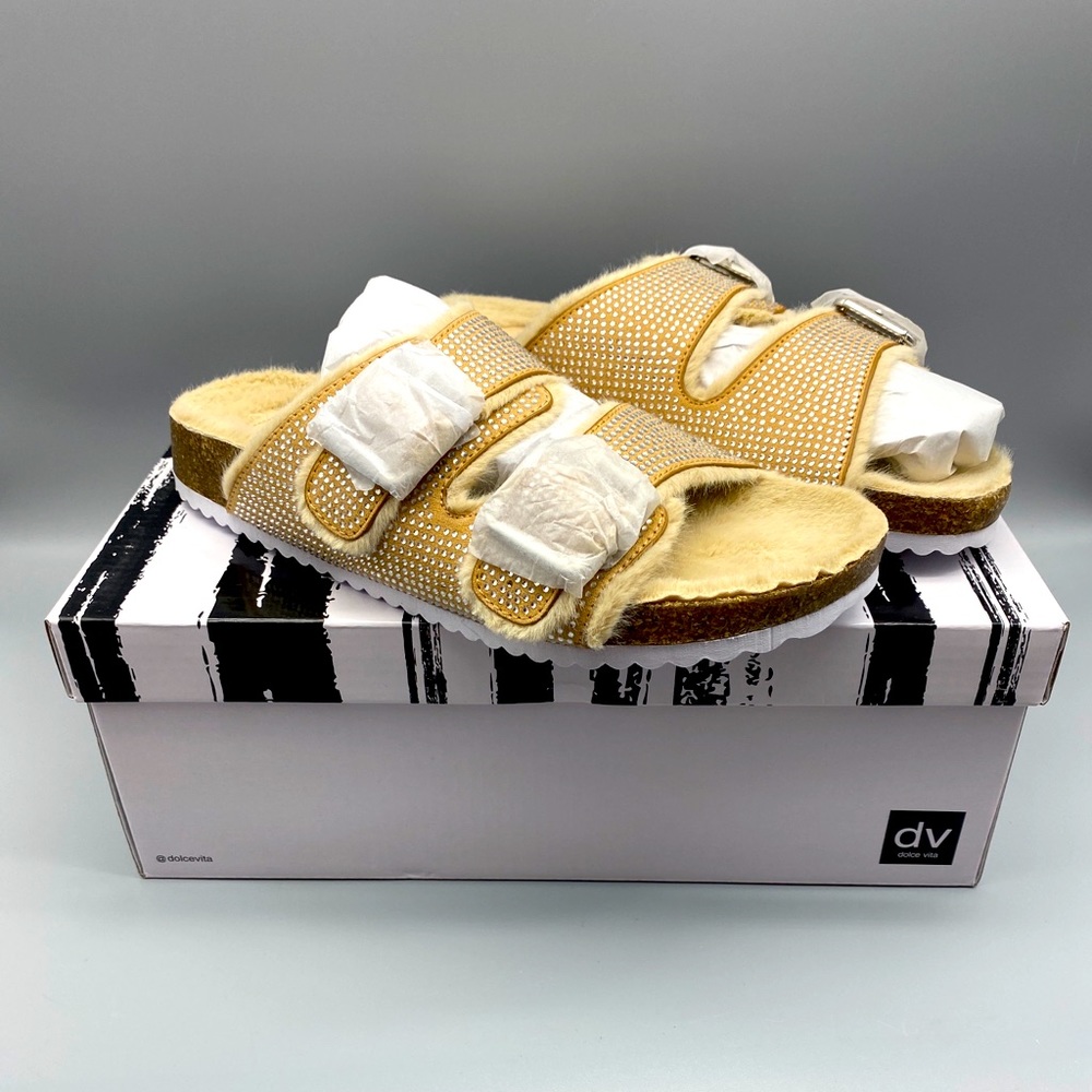 Dolce Vita Bonita Fuzzy Footbed Slide Sandals Women Tan You Pick Size!!